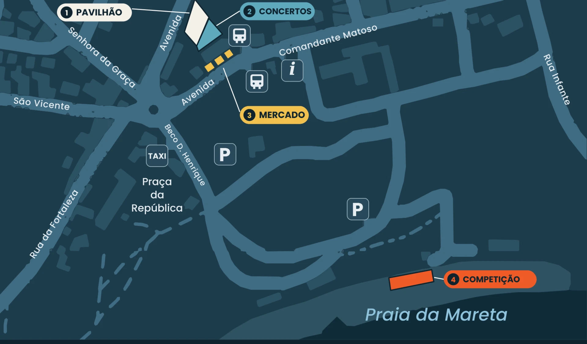 Mapa do festival em Sagres: pavilhão, concertos, mercado na Rua Comandante Matoso e competição na Praia da Mareta